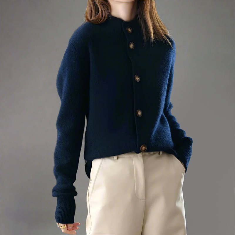 Button-Front Knit Cardigan for Women with High Collar